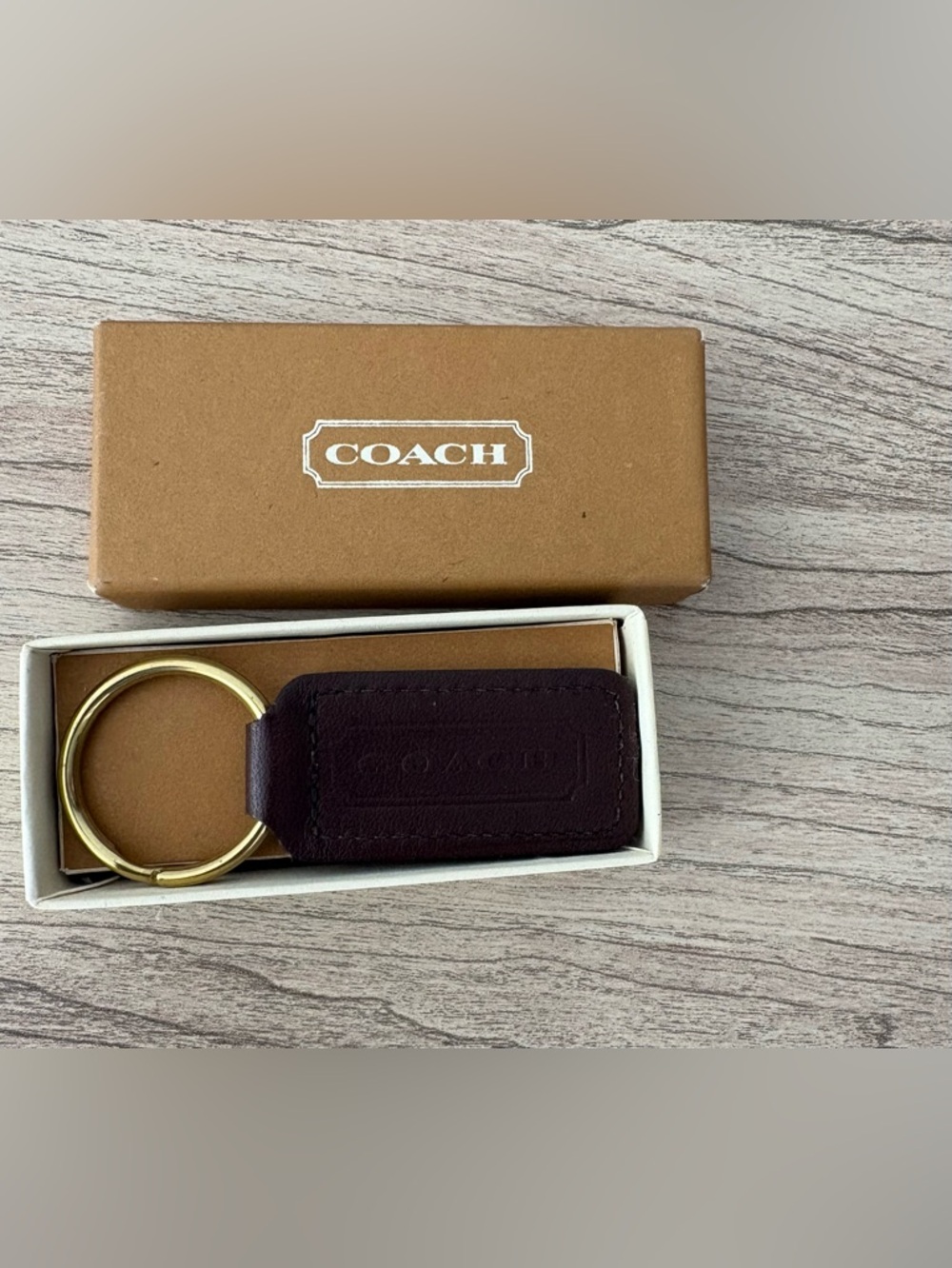 COACH vintage Leather Key Ring in Dark Brown with Gold Tone Ring bag charm FOB